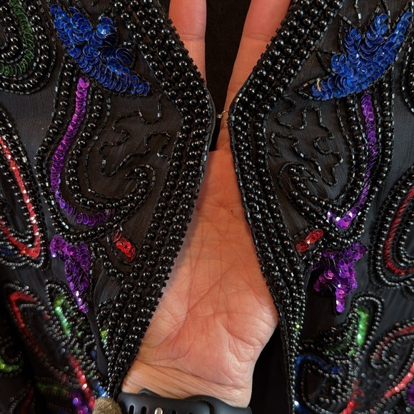 Vintage 80s Silk Sequin Beaded Long Sleeve ART DECO Jacket small India by Carina - Picture 4 of 15